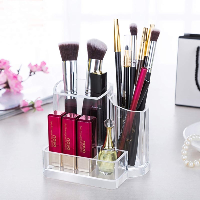 Sooyee Acrylic Desk Supplies Organizer Holder, 3 Compartments Office Desktop Caddy, Multi-function Pen Pencil Cup Phone Remote Control Stationery Storage Box for Home, School, Classroom, Clear - Image 4